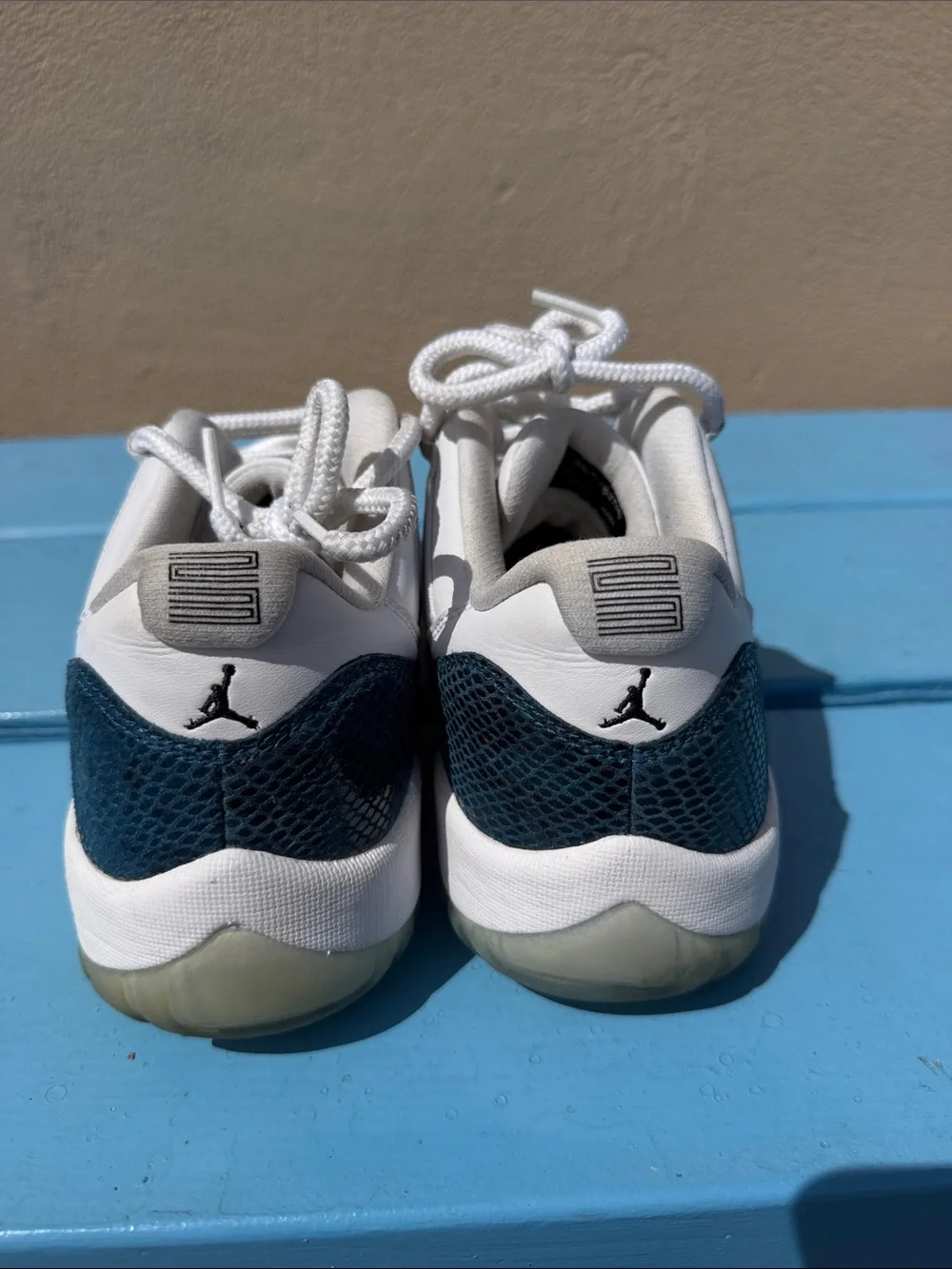 Jordan 11 Snakeskin Men's White and Dark Teal Low-Top Athletic Sneakers